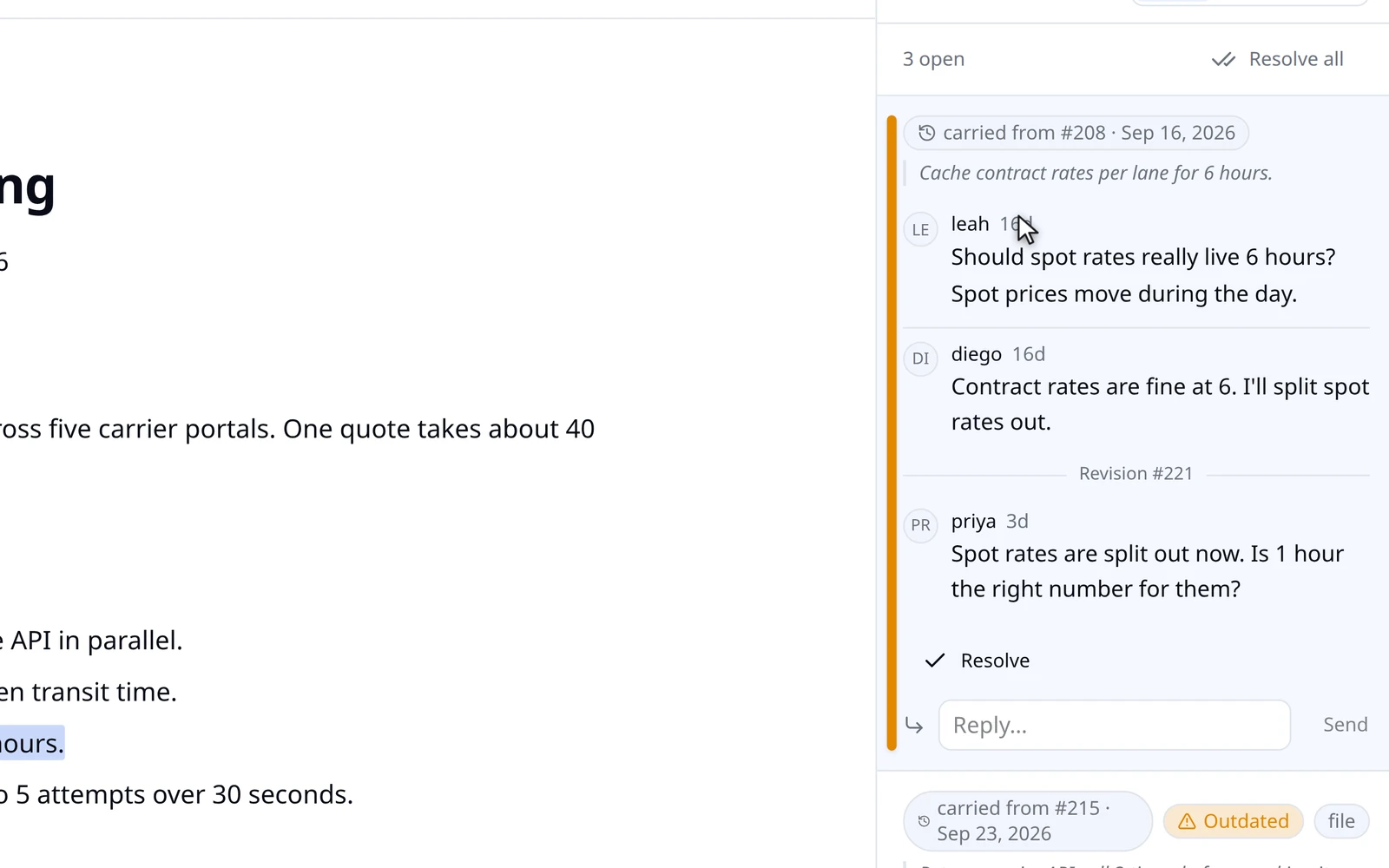 A spec's comments sidebar with a conversation carried from an earlier review, resolved threads grouped by revision, and the spec shown as it was when a comment was made.